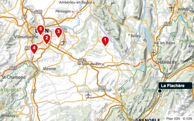 Carte : La Flachère et les 5 agences de la liste, numérotées de 1 à 5