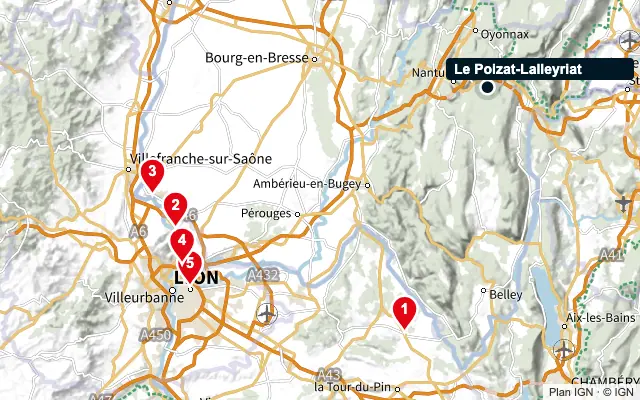 Carte : Le Poizat-Lalleyriat et les 5 agences de la liste, numérotées de 1 à 5