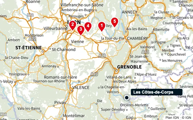 Carte : Les Côtes-de-Corps et les 5 agences de la liste, numérotées de 1 à 5