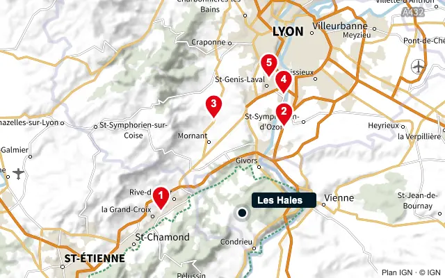 Carte : Les Haies et les 5 agences de la liste, numérotées de 1 à 5