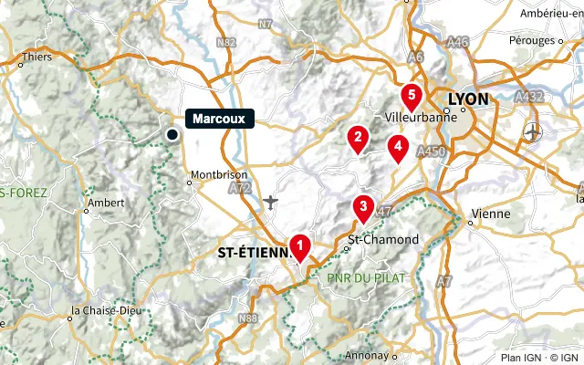Carte : Marcoux et les 5 agences de la liste, numérotées de 1 à 5
