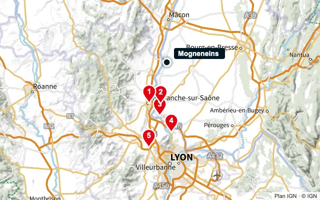 Carte : Mogneneins et les 5 agences de la liste, numérotées de 1 à 5