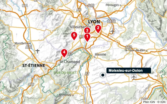 Carte : Moissieu-sur-Dolon et les 5 agences de la liste, numérotées de 1 à 5