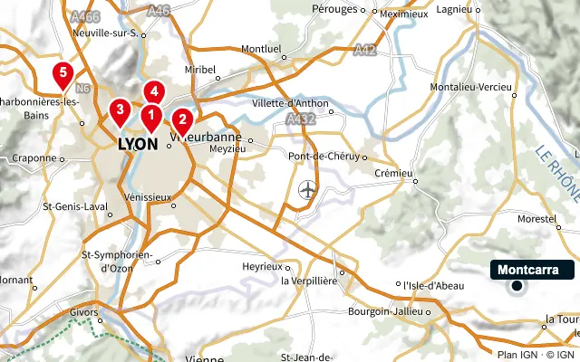 Carte : Montcarra et les 5 agences de la liste, numérotées de 1 à 5
