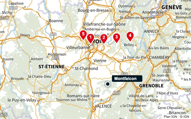 Carte : Montfalcon et les 5 agences de la liste, numérotées de 1 à 5