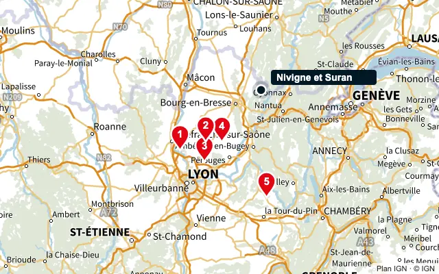 Carte : Nivigne et Suran et les 5 agences de la liste, numérotées de 1 à 5