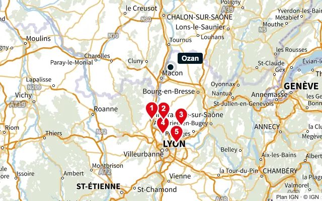 Carte : Ozan et les 5 agences de la liste, numérotées de 1 à 5