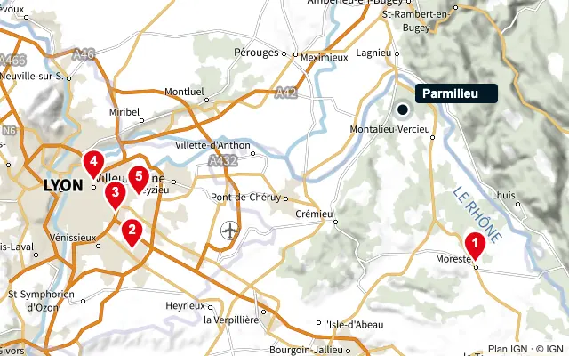 Carte : Parmilieu et les 5 agences de la liste, numérotées de 1 à 5