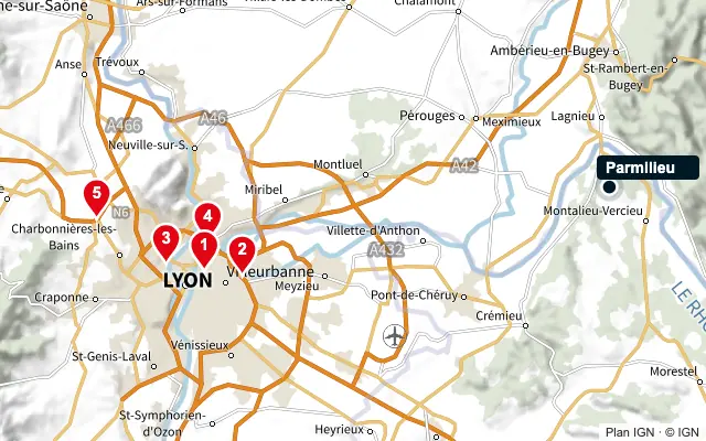 Carte : Parmilieu et les 5 agences de la liste, numérotées de 1 à 5