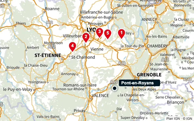 Carte : Pont-en-Royans et les 5 agences de la liste, numérotées de 1 à 5