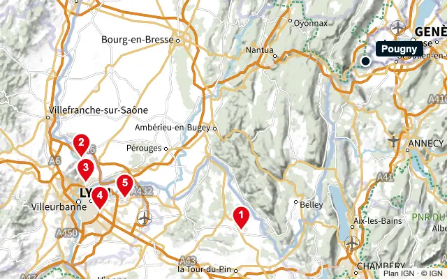 Carte : Pougny et les 5 agences de la liste, numérotées de 1 à 5