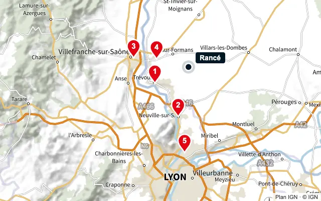 Carte : Rancé et les 5 agences de la liste, numérotées de 1 à 5