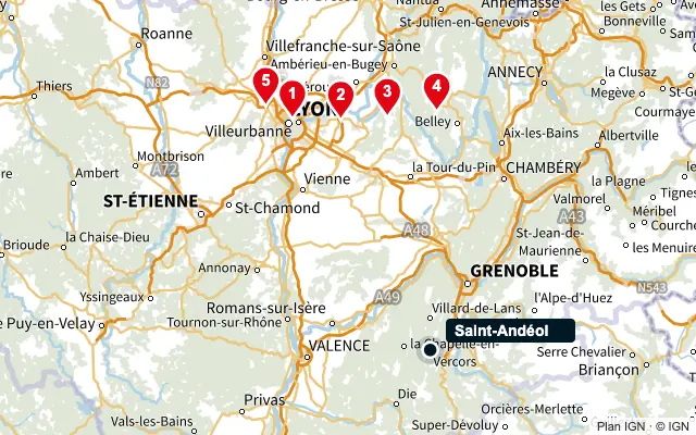 Carte : Saint-Andéol et les 5 agences de la liste, numérotées de 1 à 5
