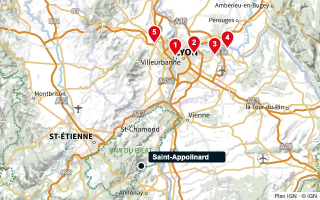Carte : Saint-Appolinard et les 5 agences de la liste, numérotées de 1 à 5