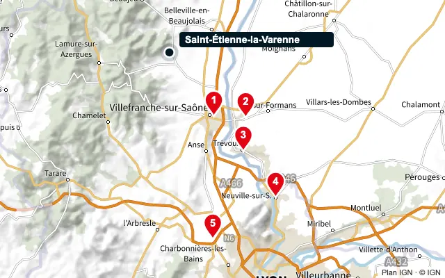 Carte : Saint-Étienne-la-Varenne et les 5 agences de la liste, numérotées de 1 à 5