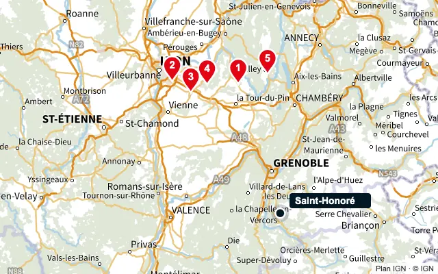 Carte : Saint-Honoré et les 5 agences de la liste, numérotées de 1 à 5