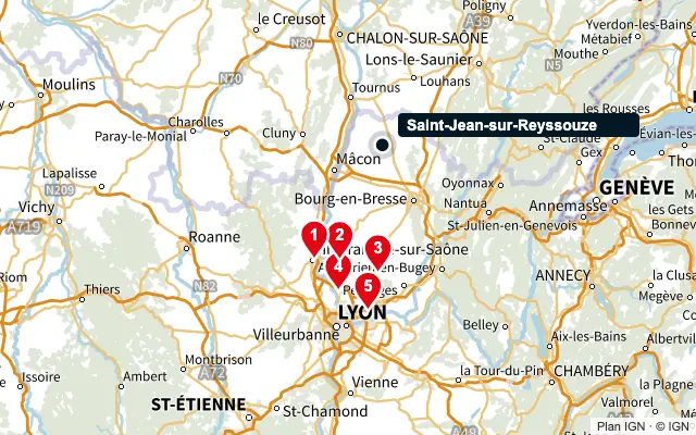 Carte : Saint-Jean-sur-Reyssouze et les 5 agences de la liste, numérotées de 1 à 5