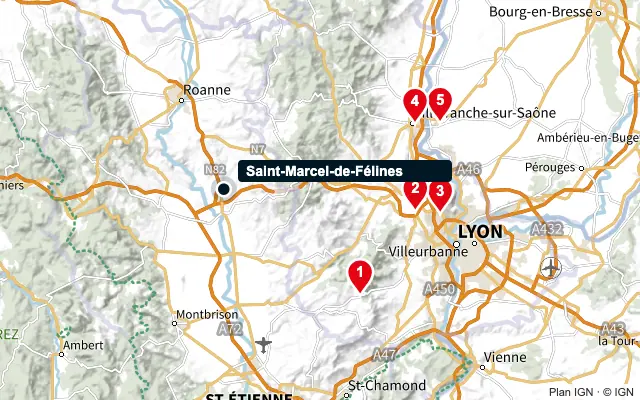 Carte : Saint-Marcel-de-Félines et les 5 agences de la liste, numérotées de 1 à 5