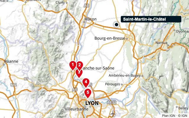 Carte : Saint-Martin-le-Châtel et les 5 agences de la liste, numérotées de 1 à 5