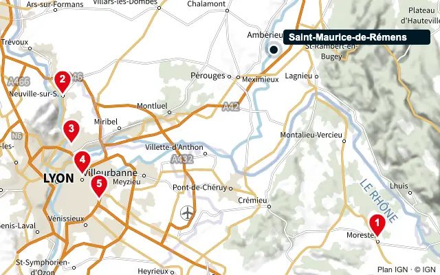 Carte : Saint-Maurice-de-Rémens et les 5 agences de la liste, numérotées de 1 à 5