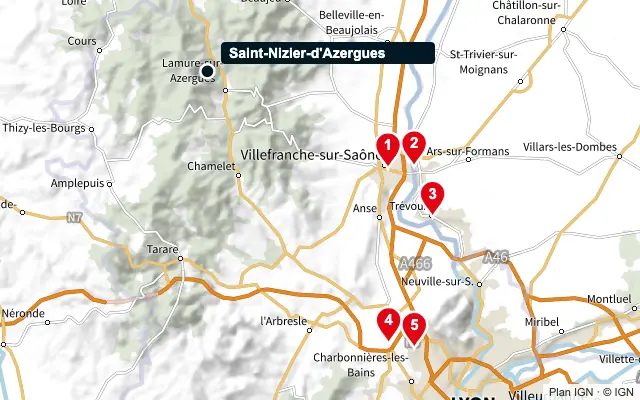 Carte : Saint-Nizier-d'Azergues et les 5 agences de la liste, numérotées de 1 à 5
