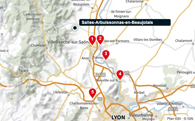 Carte : Salles-Arbuissonnas-en-Beaujolais et les 5 agences de la liste, numérotées de 1 à 5