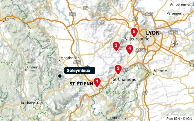 Carte : Soleymieux et les 5 agences de la liste, numérotées de 1 à 5