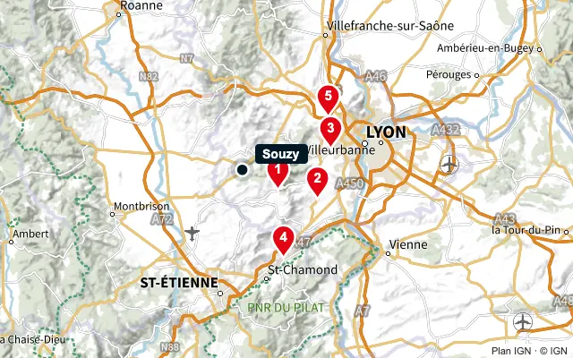 Carte : Souzy et les 5 agences de la liste, numérotées de 1 à 5