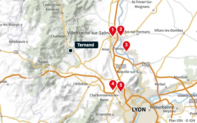 Carte : Ternand et les 5 agences de la liste, numérotées de 1 à 5