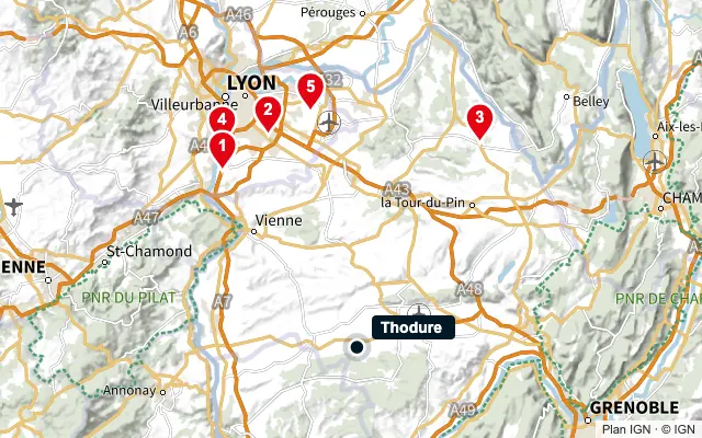 Carte : Thodure et les 5 agences de la liste, numérotées de 1 à 5