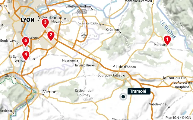 Carte : Tramolé et les 5 agences de la liste, numérotées de 1 à 5