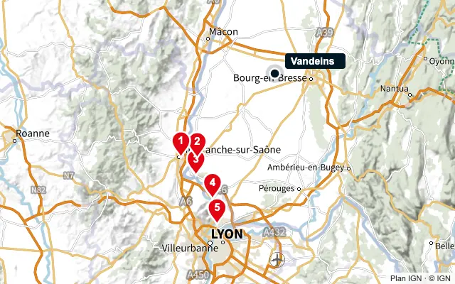 Carte : Vandeins et les 5 agences de la liste, numérotées de 1 à 5