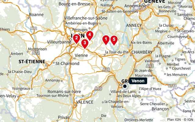 Carte : Venon et les 5 agences de la liste, numérotées de 1 à 5