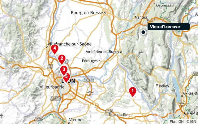 Carte : Vieu-d'Izenave et les 5 agences de la liste, numérotées de 1 à 5