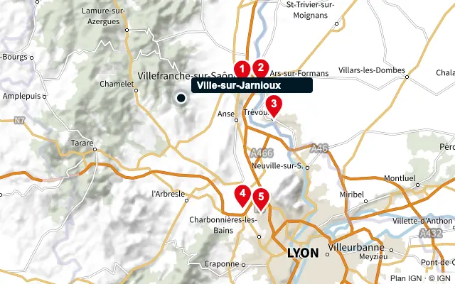 Carte : Ville-sur-Jarnioux et les 5 agences de la liste, numérotées de 1 à 5