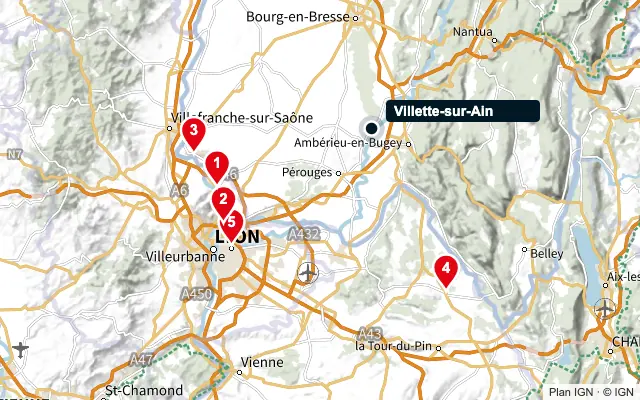 Carte : Villette-sur-Ain et les 5 agences de la liste, numérotées de 1 à 5