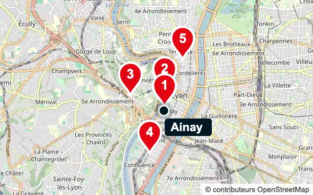 Carte d’Ainay (Lyon 2e) et des 5 agences de gestion locative les plus proches, numérotées de 1 à 5