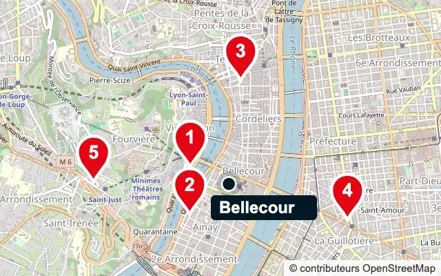 Carte de Bellecour (Lyon 2e) et des 5 agences de gestion locative les plus proches, numérotées de 1 à 5