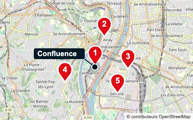 Carte de la Confluence (Lyon 2e) et des 5 agences de gestion locative les plus proches, numérotées de 1 à 5