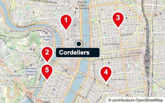 Carte des Cordeliers (Lyon 2e) et des 5 agences de gestion locative les plus proches, numérotées de 1 à 5