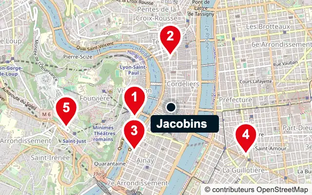 Carte des Jacobins (Lyon 2e) et des 5 agences de gestion locative les plus proches, numérotées de 1 à 5