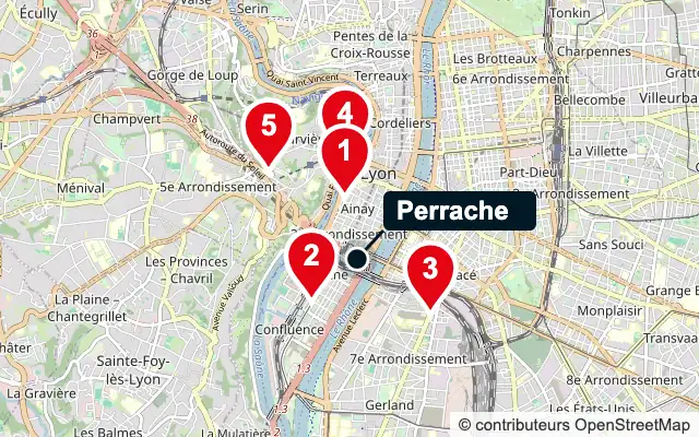 Carte de Perrache (Lyon 2e) et des 5 agences de gestion locative les plus proches, numérotées de 1 à 5