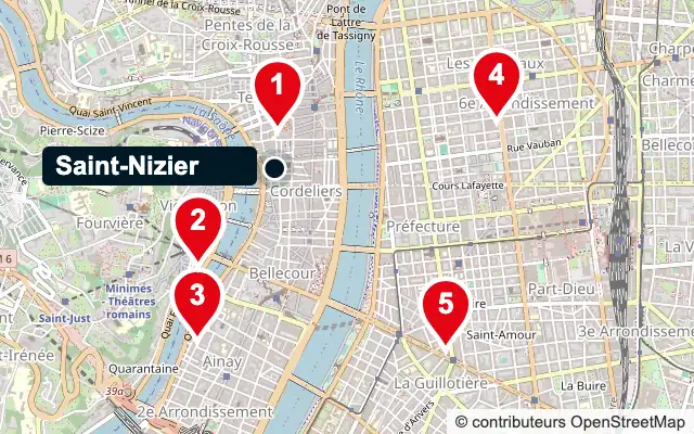 Carte de Saint-Nizier (Lyon 2e) et des 5 agences de gestion locative les plus proches, numérotées de 1 à 5