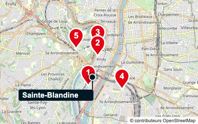 Carte de Sainte-Blandine (Lyon 2e) et des 5 agences de gestion locative les plus proches, numérotées de 1 à 5