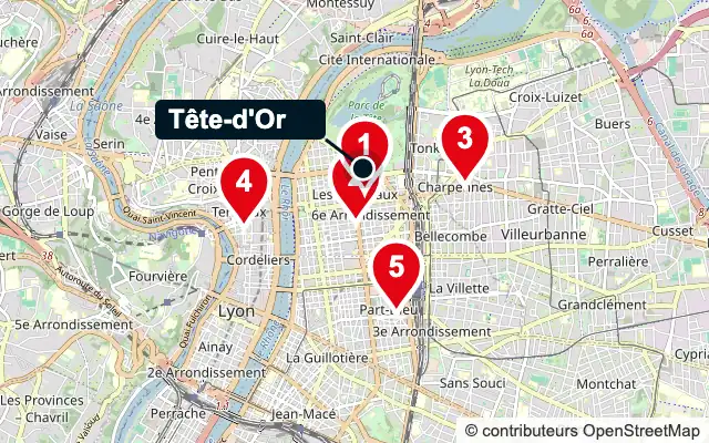 Carte de la Tête-d’Or (Lyon 6e) et des 5 agences de gestion locative les plus proches, numérotées de 1 à 5